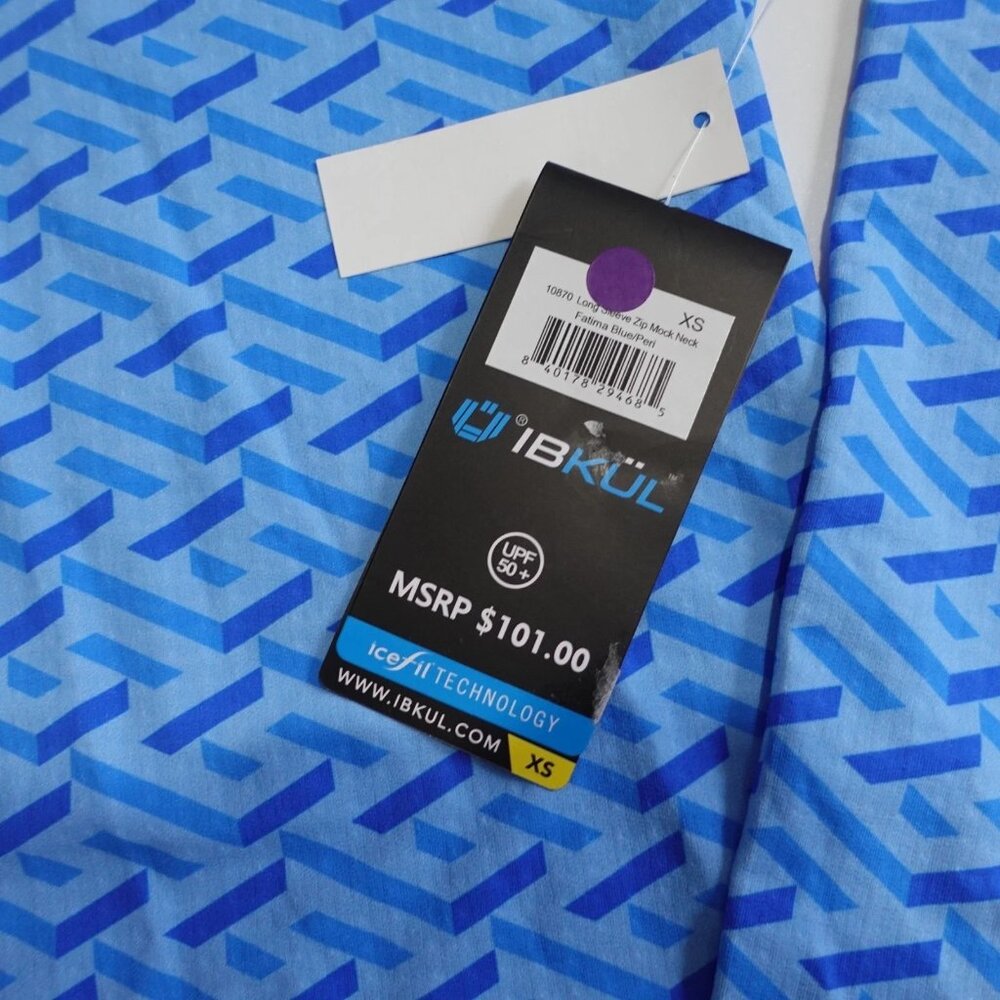 IBKUL Fatima Blue Geometric Navy Long Sleeve Mock Golf Shirt Size XS active - Picture 5 of 7